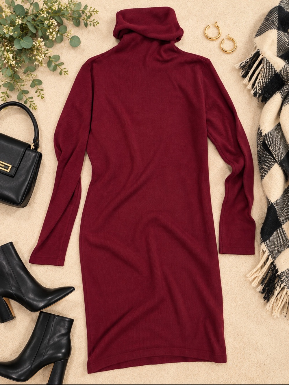 Turtleneck Long Sleeve Knit Dress - Wine Red